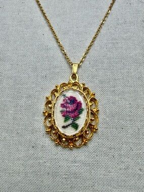 Vintage Petit Point Red Rose Pendant